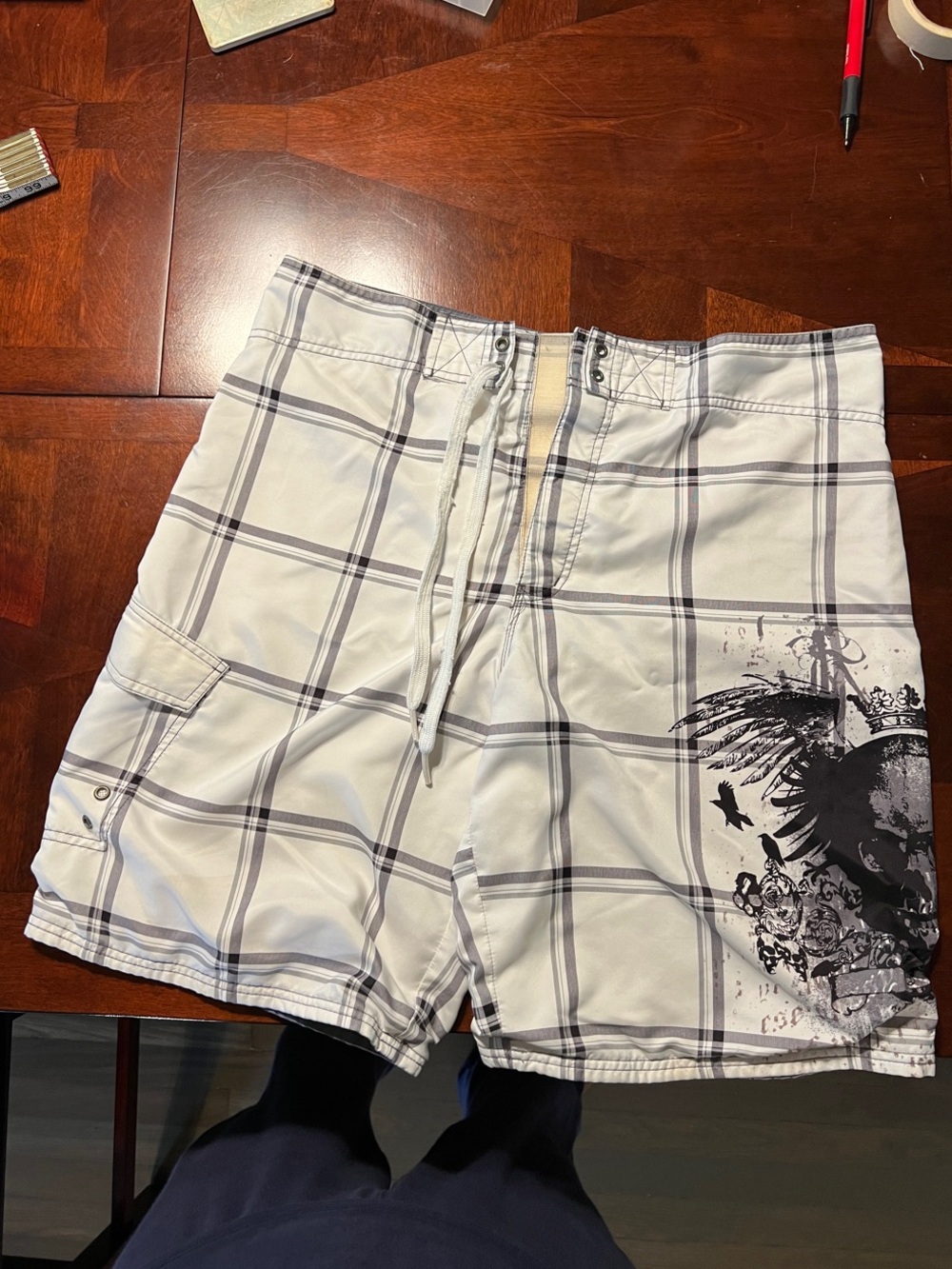 Mossimo White Plaid Men’s Swim Board Shorts with Graphic Accent